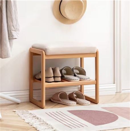 Banc d'entrée bois massif chêne naturel avec siège coussiné