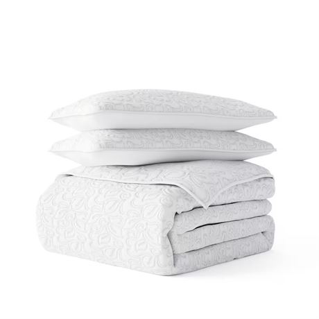 Ens. courtepointe 4 saisons 3 pcs microfibre brodée florale Queen + taies