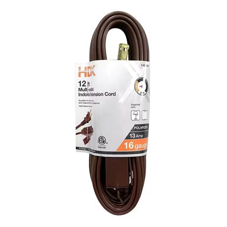Rallonge intérieure légère 12 pi 16/2 multi-prises - brun