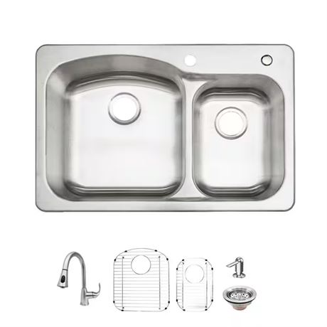 Évier de cuisine 33 po à encastrer double 60/40 inox 18 ga + poussoir