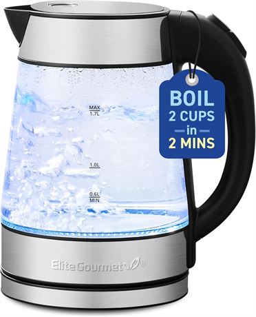 Bouilloire électrique Elite Gourmet en verre – sans BPA, base 360°